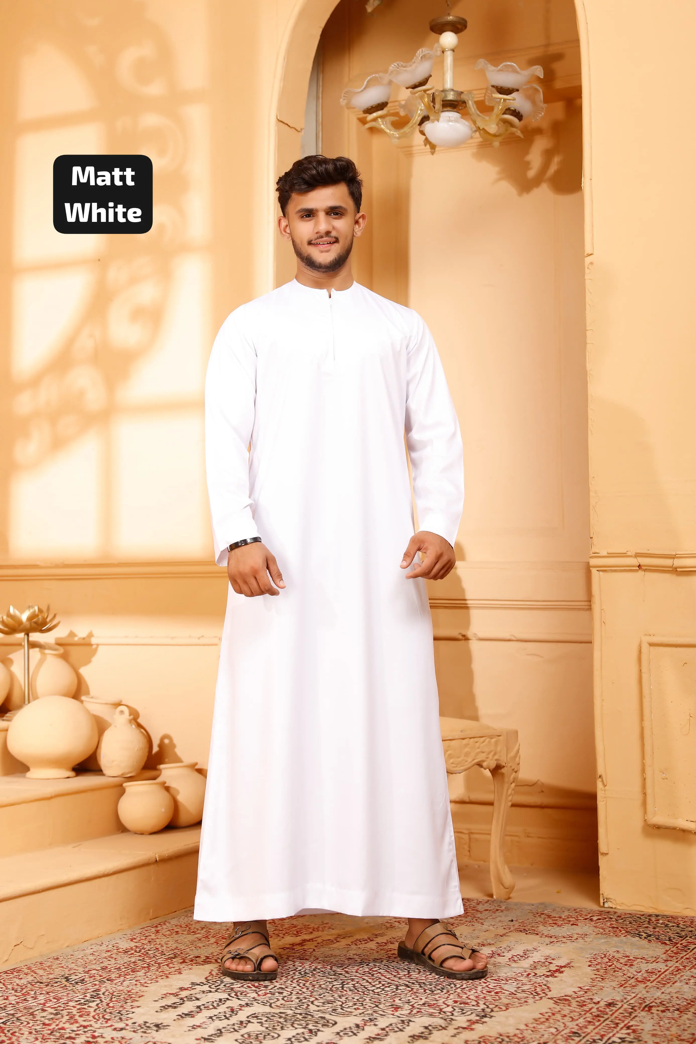 Men's Emirati Thobe Collarless Matte Zip - 50pcs Sets - Image 3