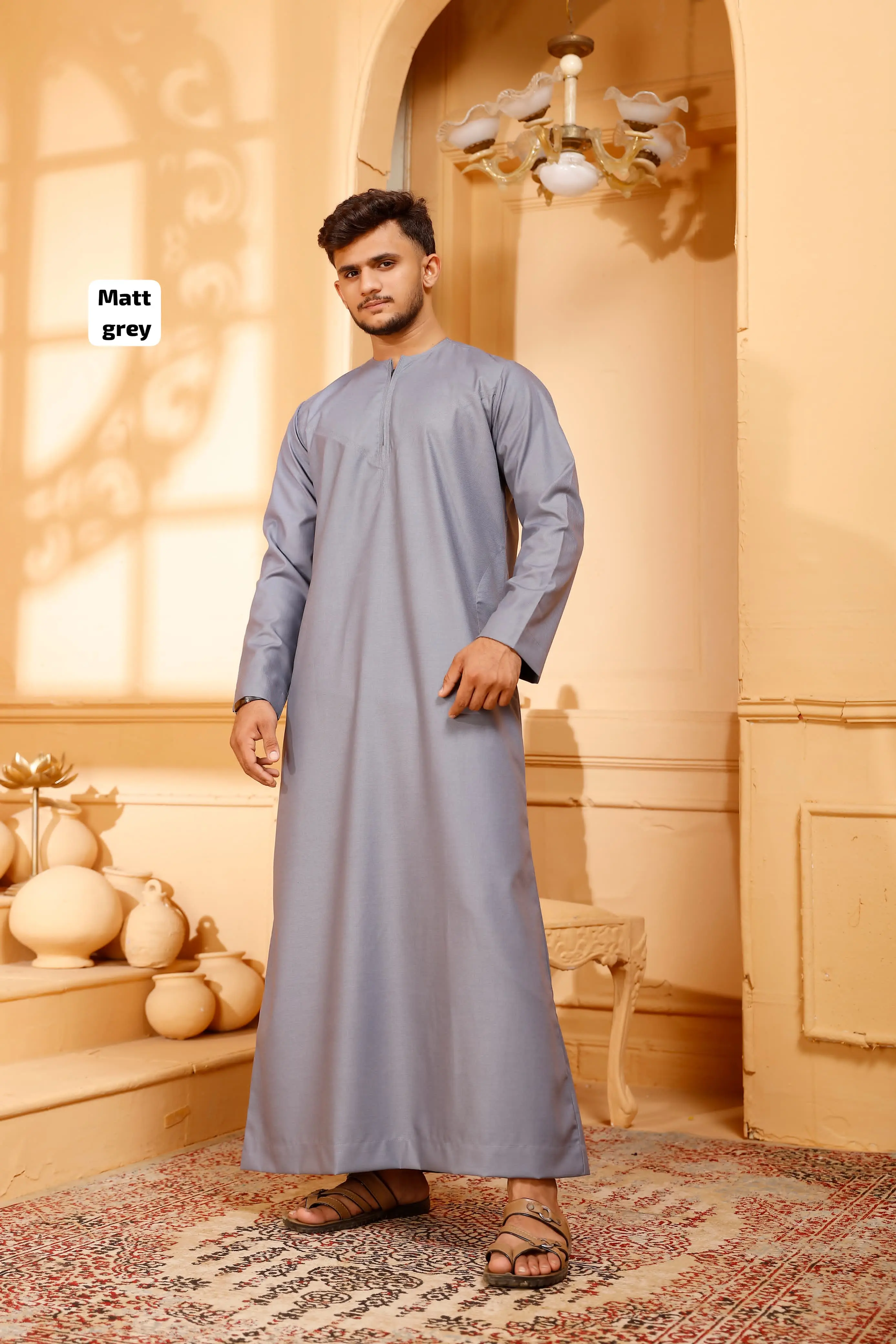 Men's Emirati Thobe Collarless Matte Zip - 50pcs Sets - Image 4